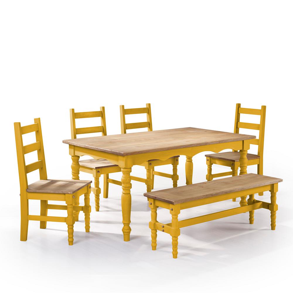 Manhattan Comfort Jay 6 Piece Yellow Wash Solid Wood Dining Set With Jay 6 Piece Yellow Wash Solid Wood Dining Set With 1 Bench 4 Chairs And Table