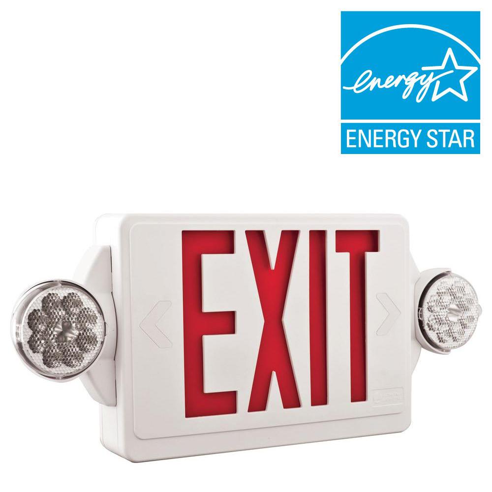 2-Light Plastic LED White Exit Sign/Emergency Combo with LED Heads and Red Stencil