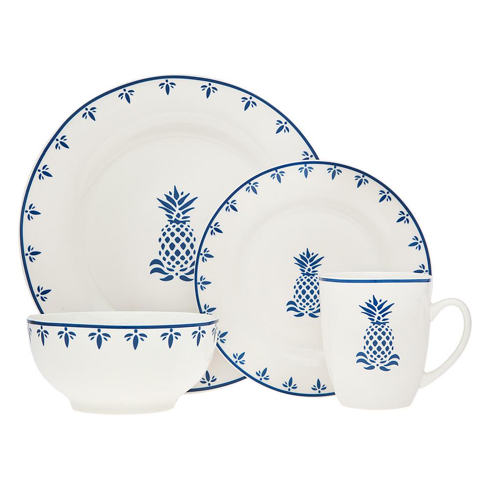 Godinger 16Piece Blue Pineapple Dinnerware Set64075 The Home Depot