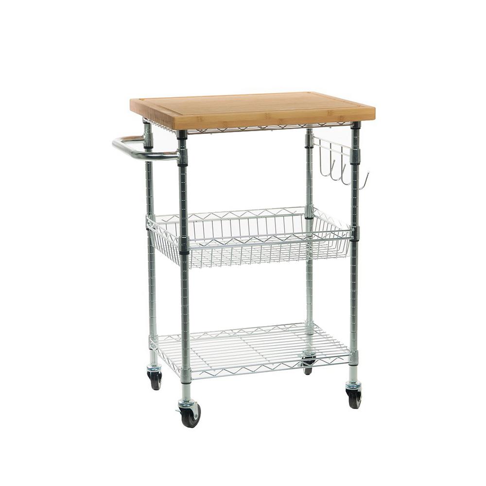 TRINITY Eco Storage Chrome Kitchen Cart With Bamboo Top TBFZ1401 The