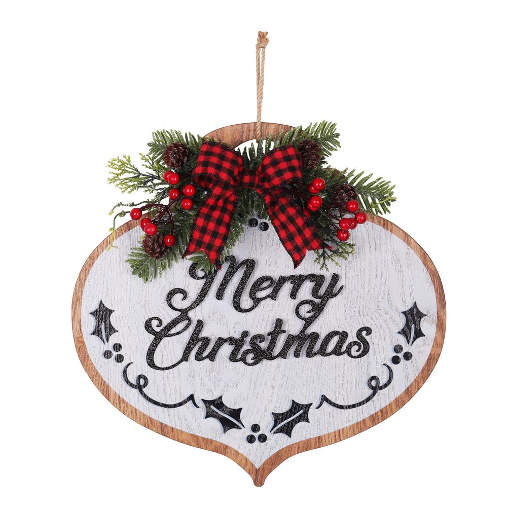 Haute Decor 14 In Merry Christmas Wood Ornament Wall Hanging With Buffalo Check Ribbon Dcwd0005 The Home Depot