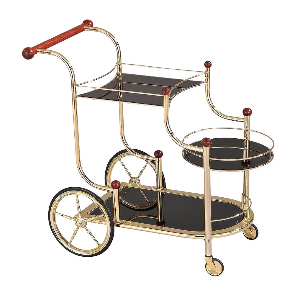 Benjara Gold and Black 3 Tier Glass Shelf Metal Serving Cart with