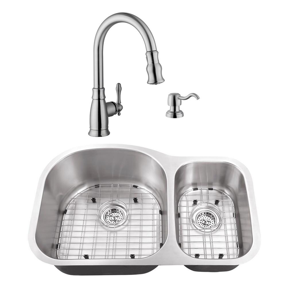 Cahaba Undermount Stainless Steel 31 1 2 In 70 30 Double Bowl Kitchen Sink With Brushed Nickel Faucet