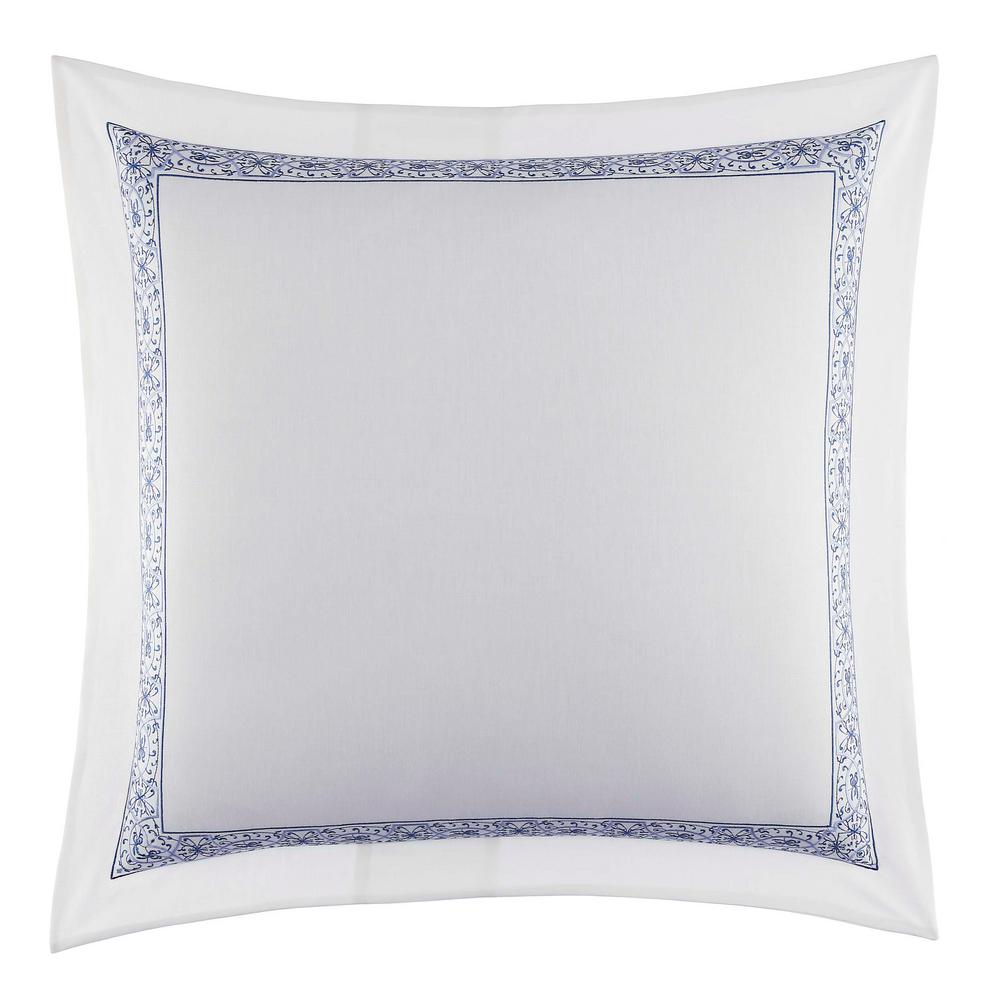 Laura Ashley Blue Rowland Breeze Sham (Euro): Linen &#38; Cotton Blend, OEKO-TEX Certified, Botanical Lace Trim Design