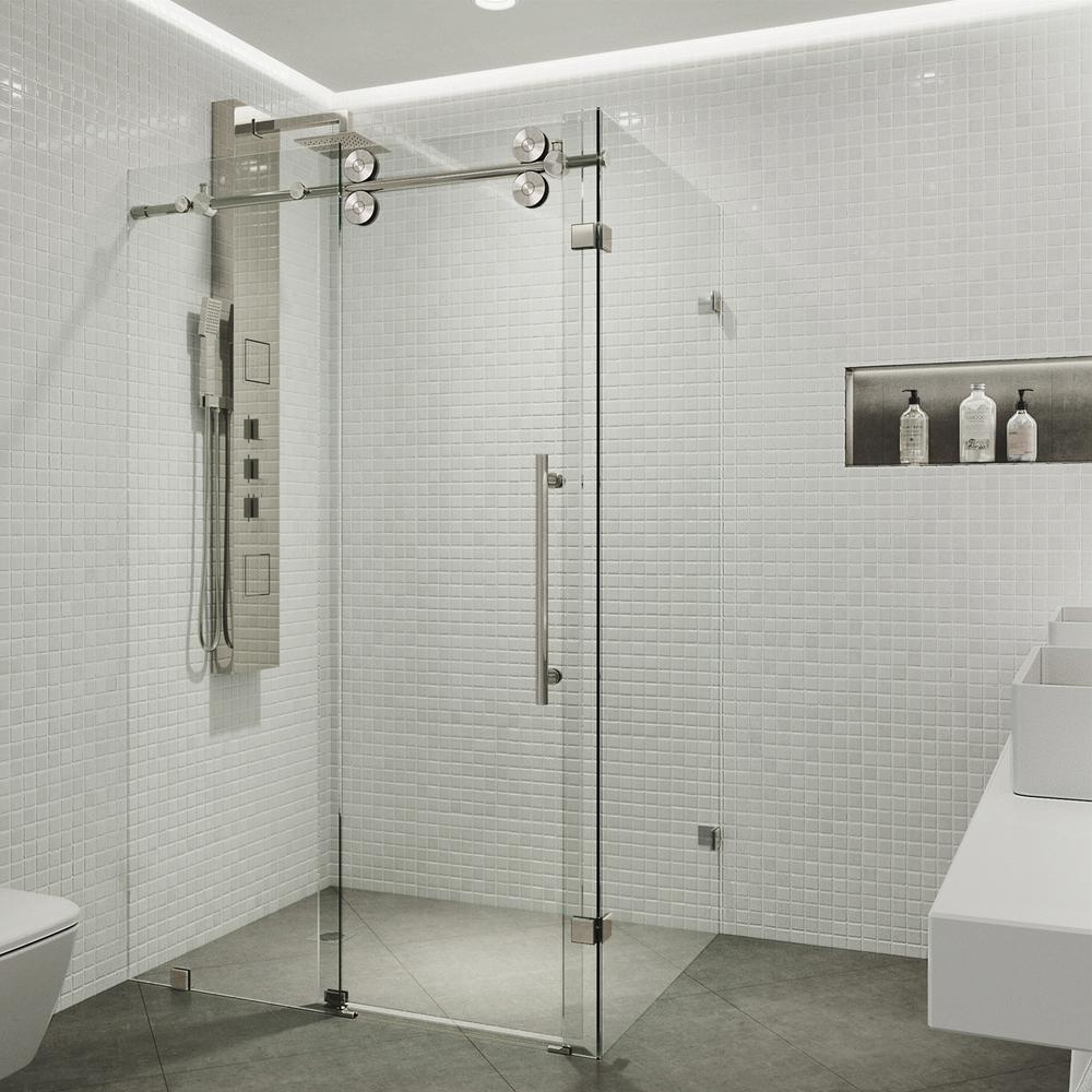 VIGO Winslow 57.75 in. x 74 in. Frameless Corner Bypass Shower Enclosure in Stainless Steel with Clear Glass