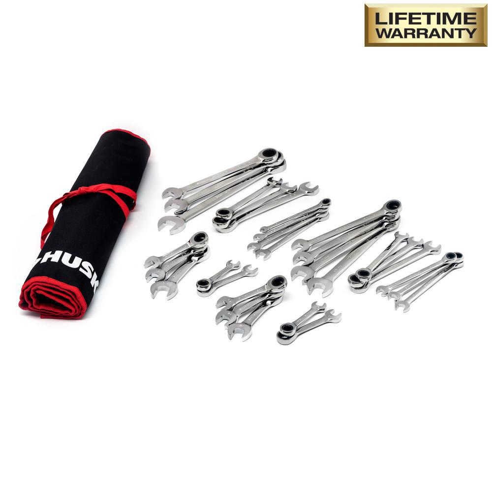 SAE/MM Ratcheting Wrench Set with Stubby and Pouch (30-Piece)