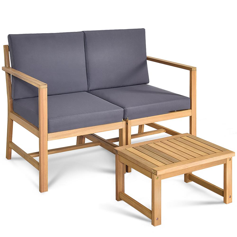 Costway Stackable Solid Teak Wood Outdoor Patio Table Chairs Set With Grey Cushions 3 Pieces Op70387 The Home Depot