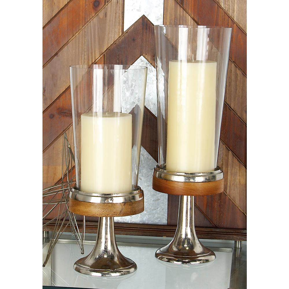 Litton Lane Silver Aluminum, Brown Wood, and Clear Glass Tapered Hurricane Candle Holder (Set of