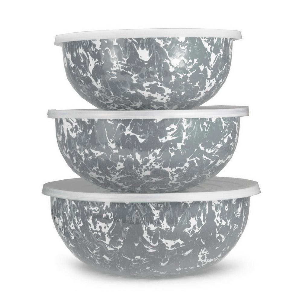 Black Swirl Pattern Set of 3 Mixing Bowls with Lids Enamelware