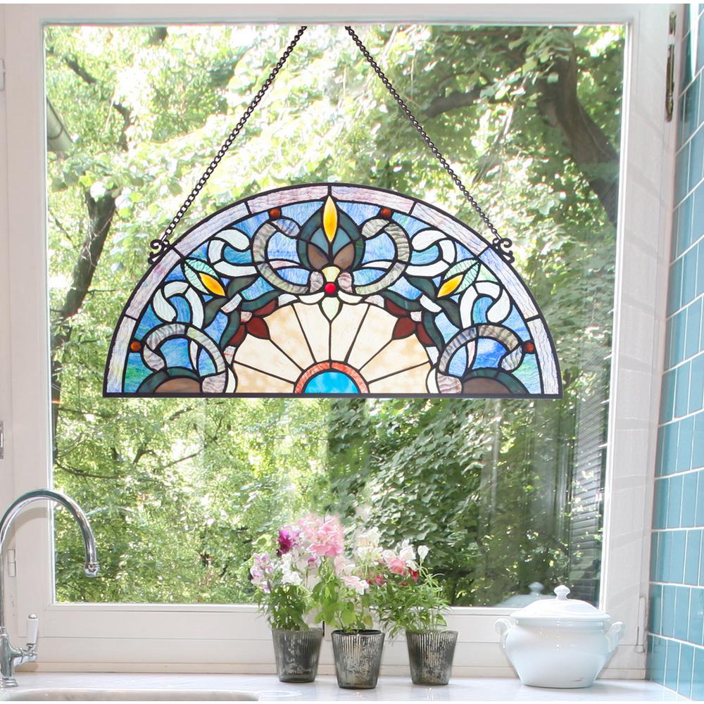 River Of Goods Blue Victorian Corista Half Moon Stained Gl Window River Of Goods Blue Victorian Corista Half Moon Stained Gl Window Panel 19324 The Home Depot