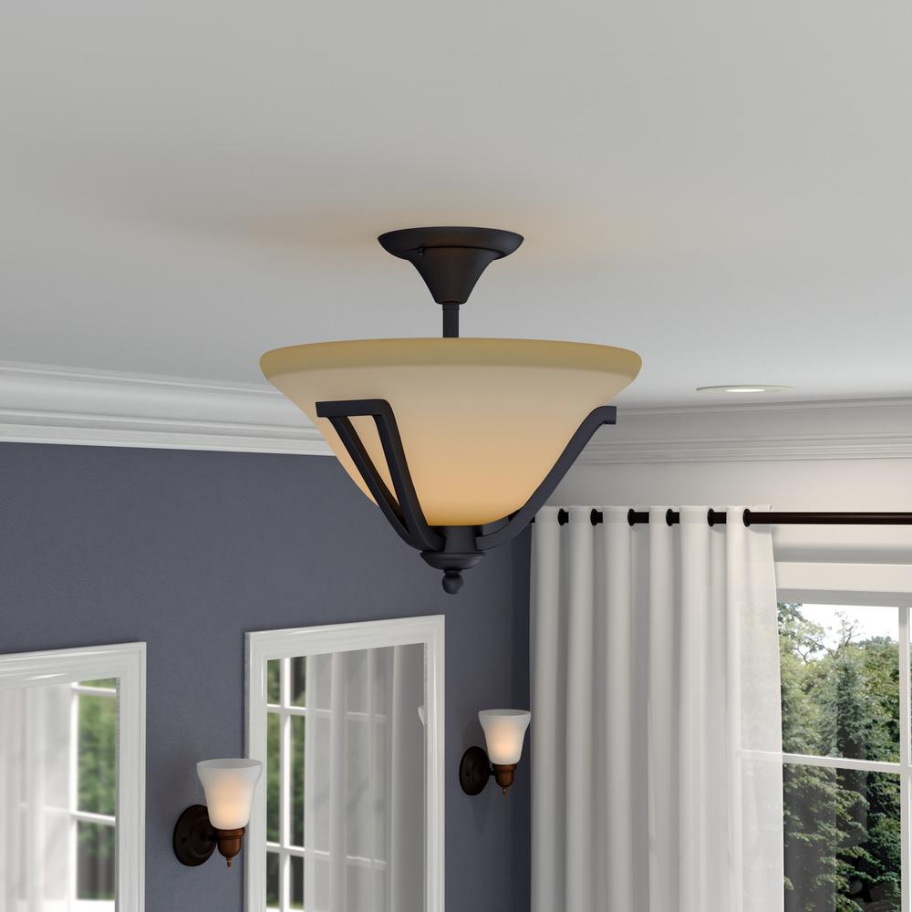 Commercial Electric 13 In 2 Light Rustic Iron Semi Flush Mount With Antique Ivory Glass Shade Ess8212 The Home Depot