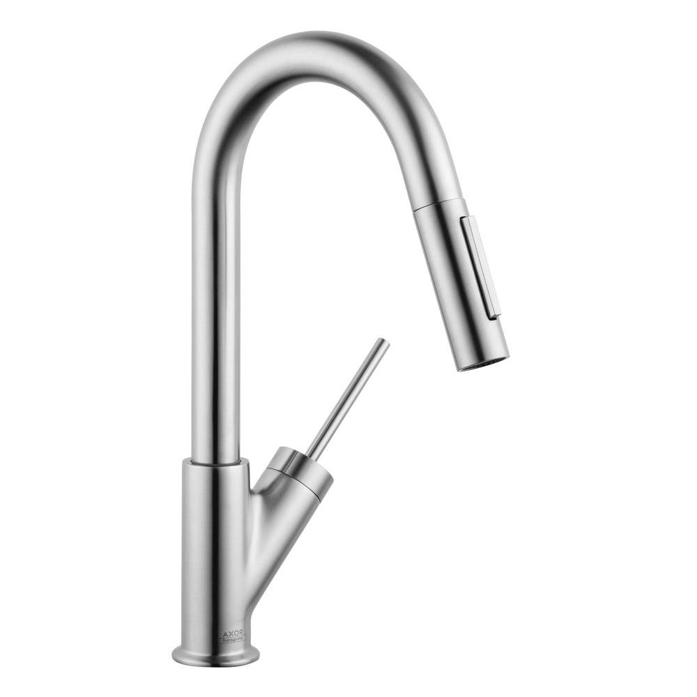 Hansgrohe Axor Starck Prep Single Handle Pull Down Sprayer Kitchen Faucet In Steel Optik 10824801 The Home Depot