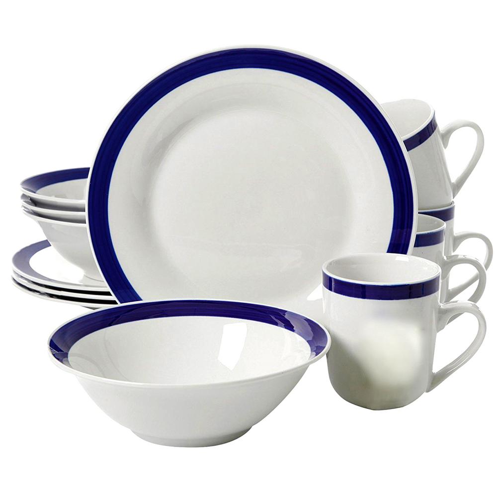 Gibson Nantucket Sail 12Piece White with Blue Bands Dinnerware Set