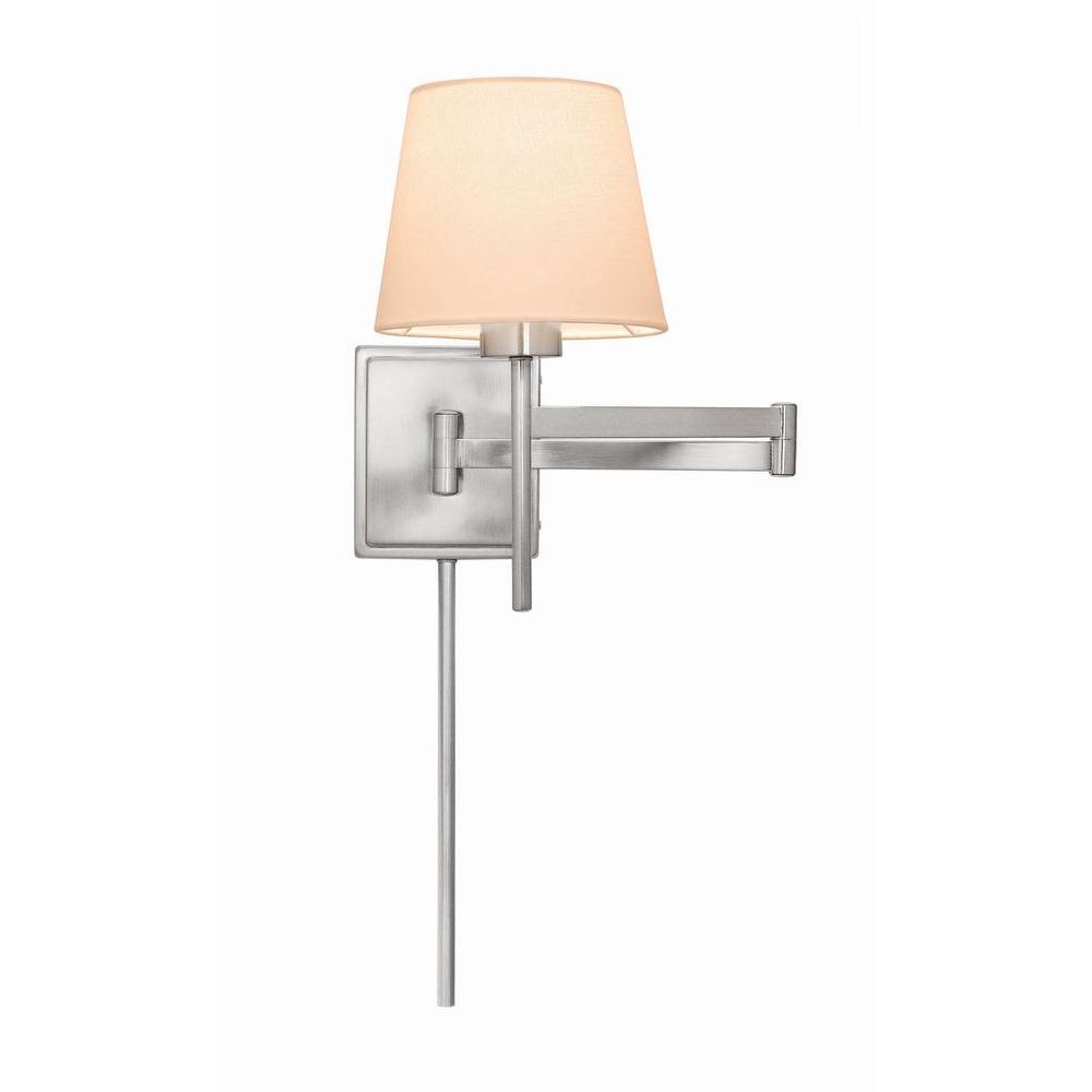 Hampton Bay 1 Light Brushed Nickel Swing Arm Sconce With White Linen Shade 18020 The Home Depot