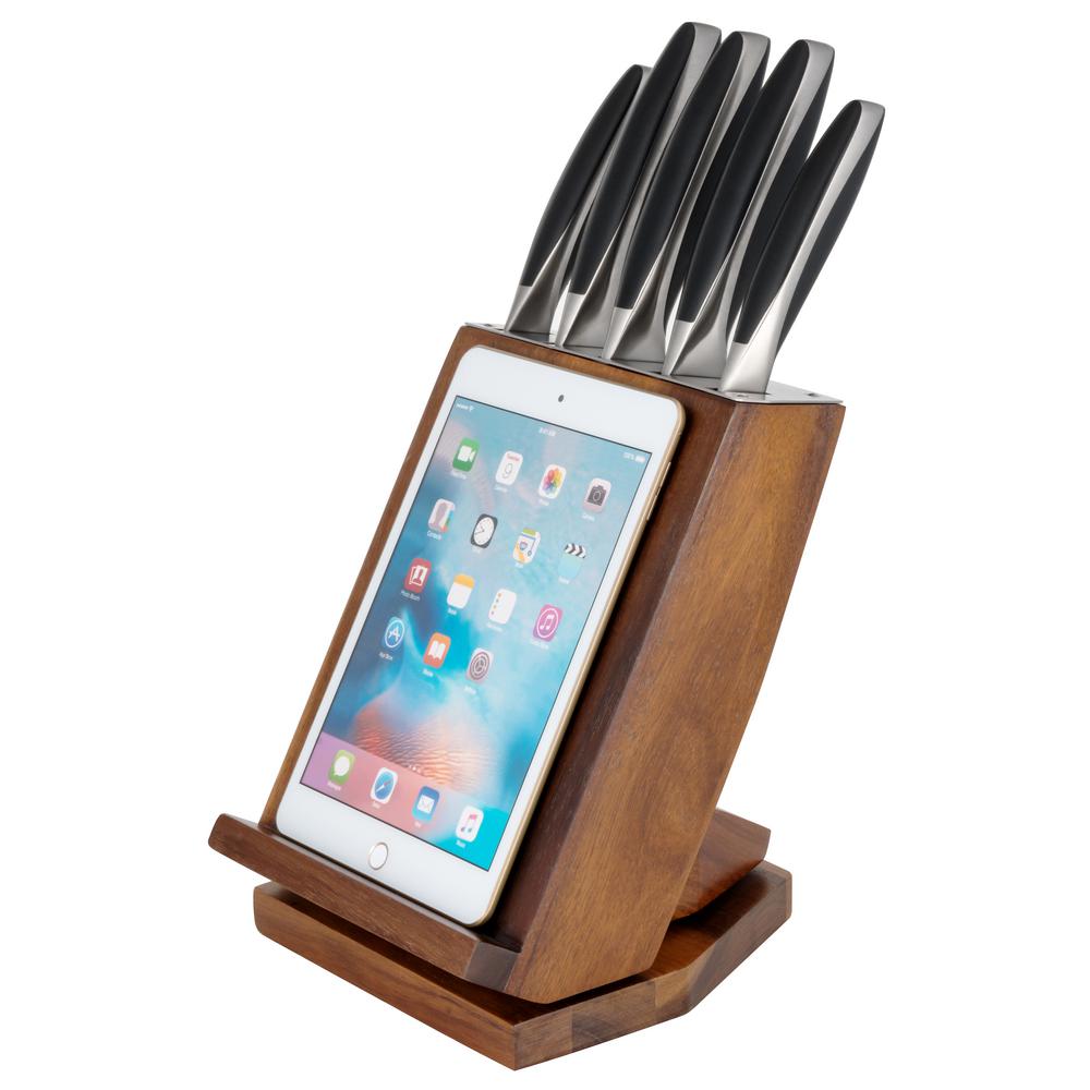 6-Piece Japanese Stainless Steel Knife Block Set with Rotating Knife Block and Tablet Holder