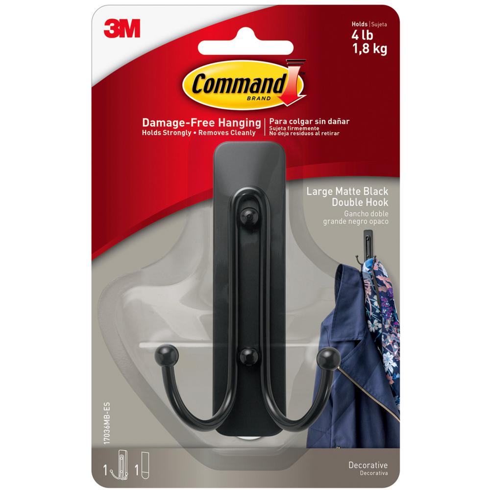 Command Matte Black Large Double Hook (1-Hook and 1-Adhesive Strip
