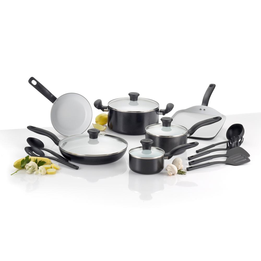 TFal Initiatives Ceramic 16Piece Black Nonstick Cookware Set