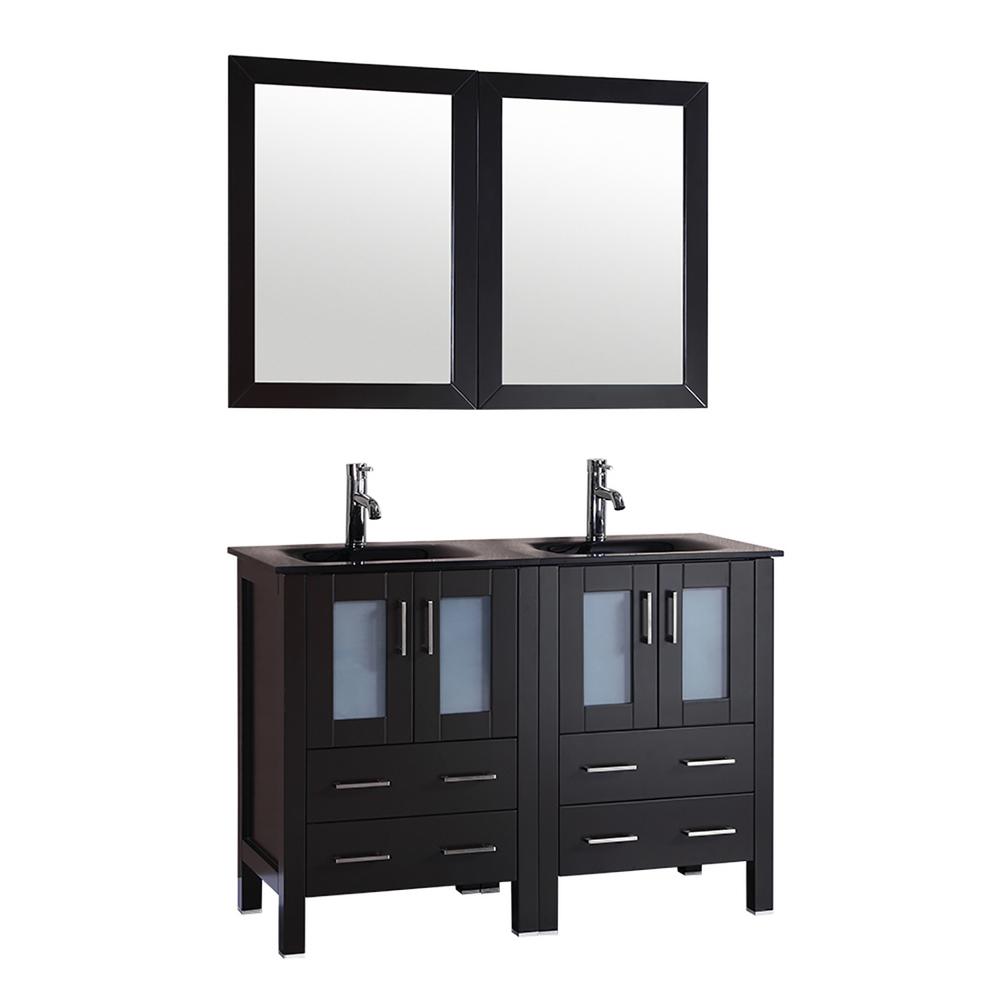 48 in. W Double Bath Vanity with Tempered Glass Vanity Top in Black