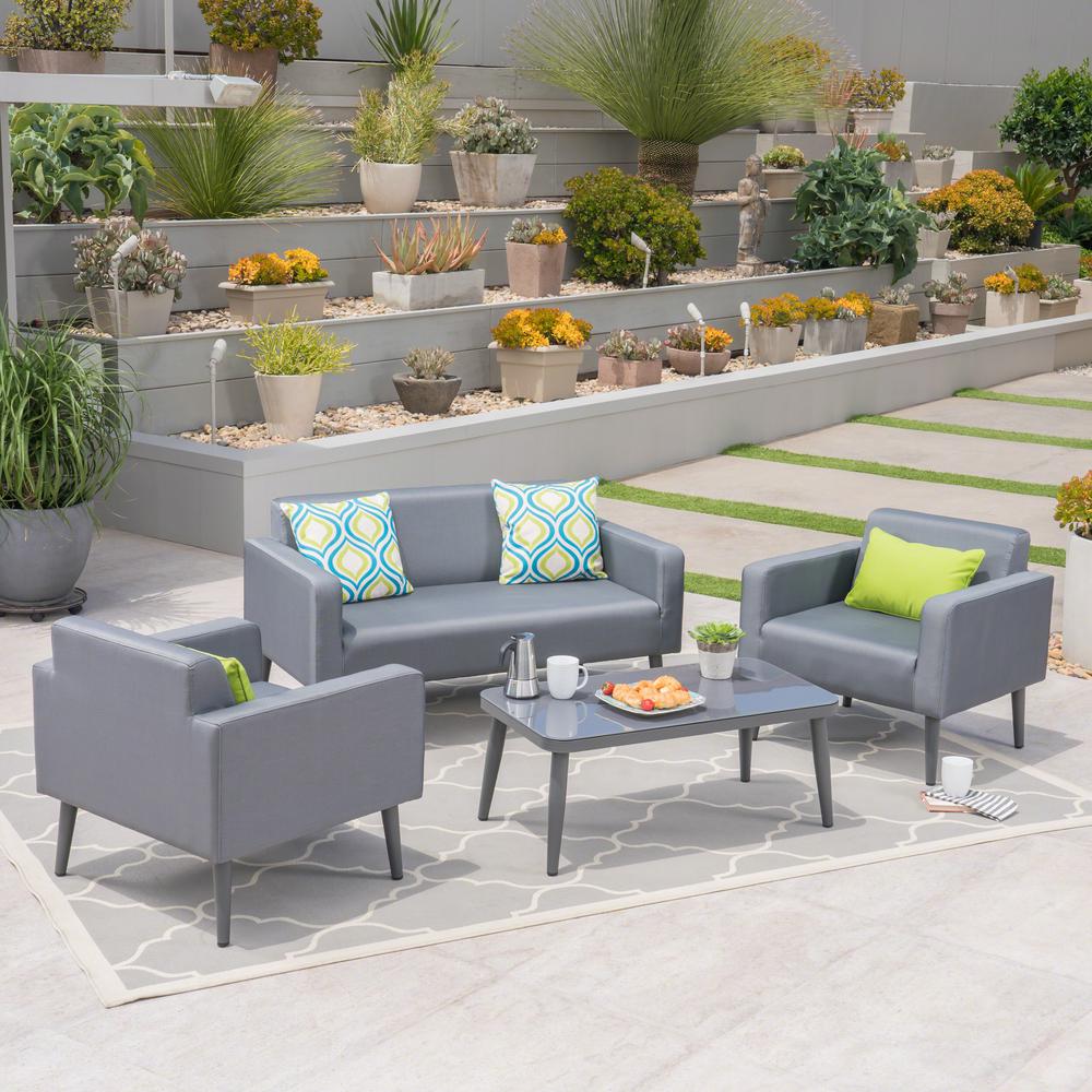 Mesh Layer Patio Conversation Sets Outdoor Lounge Furniture Torben Gunmetal 4 Piece Aluminum Patio Conversation Set With Dark Gray Mesh Cushions 2
