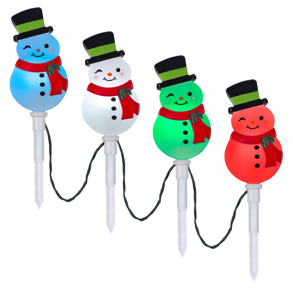 Lightshow In Christmas Colormotion Pathway Stakes Snowman Set Of 4 The Home Depot