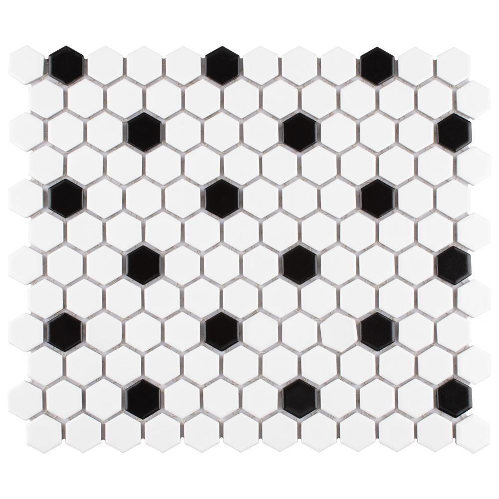 Merola Tile Madison Hex Matte 11 7 8 In X 10 1 4 In X 6mm Cool White With Black Dot Porcelain Mosaic Tile Ftc1mmcwd The Home Depot