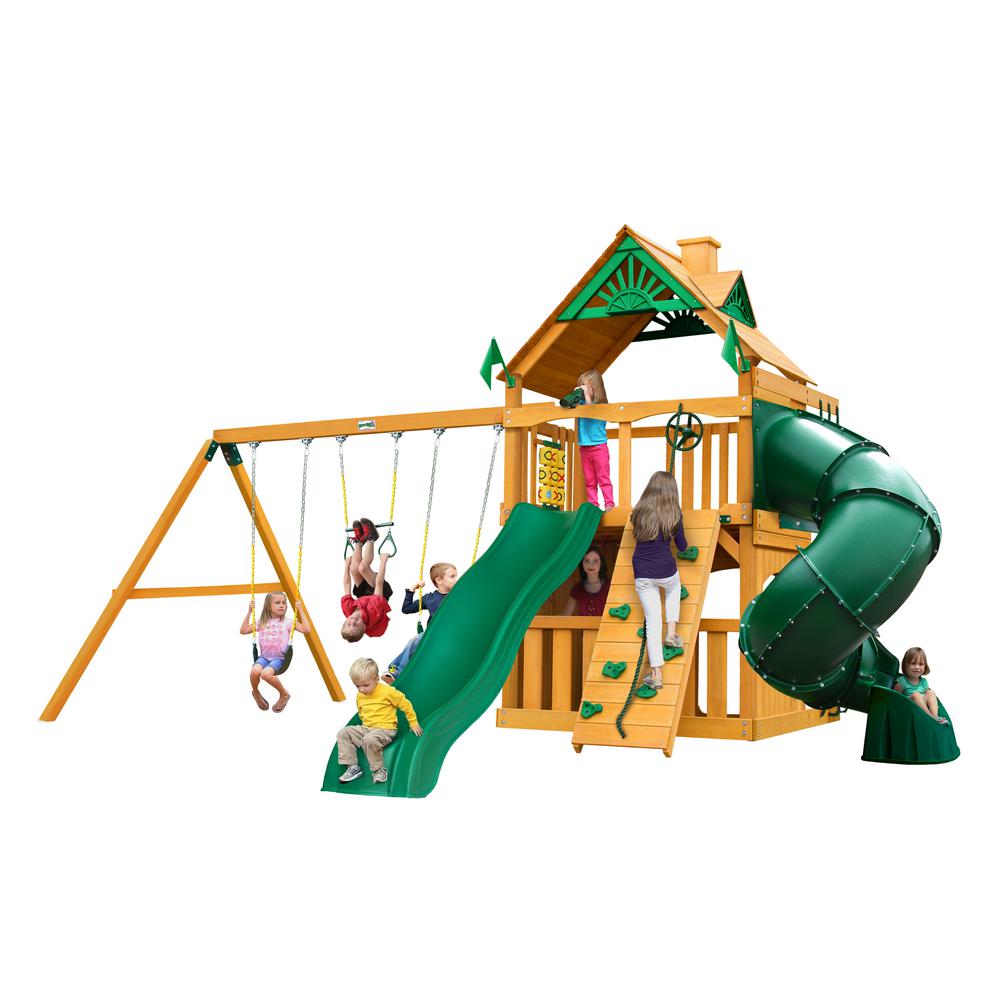 Gorilla Playsets Mountaineer Clubhouse Wooden Playset with Tube Slide and Rock Wall010033AP