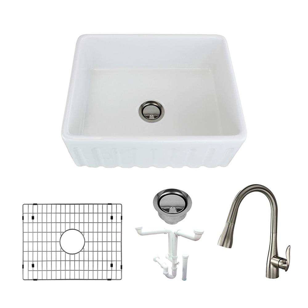 Transolid Logan All In One Farmhouse Apron Front Fireclay 24 In Single Bowl Kitchen Sink With Faucet In White