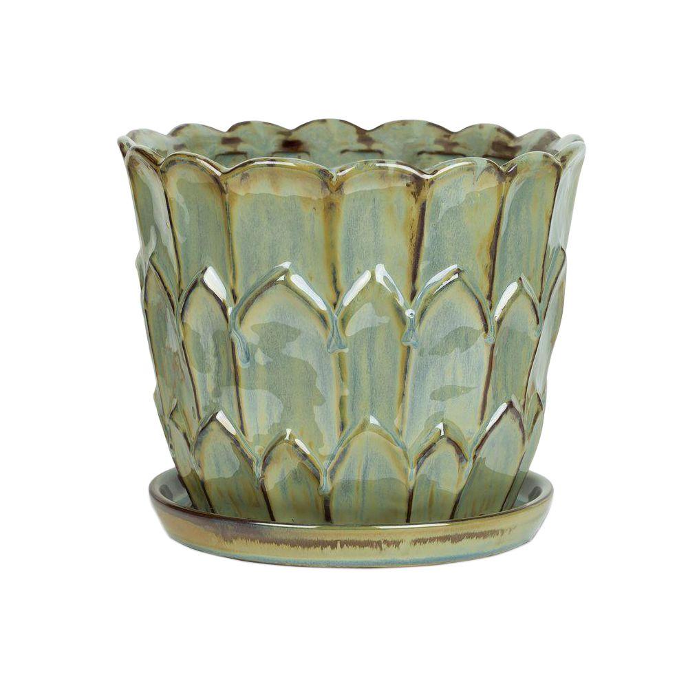 Pennington 10 In Artichoke Green Ceramic Planter With Saucer 10 In Artichoke Green Ceramic Planter With Saucer