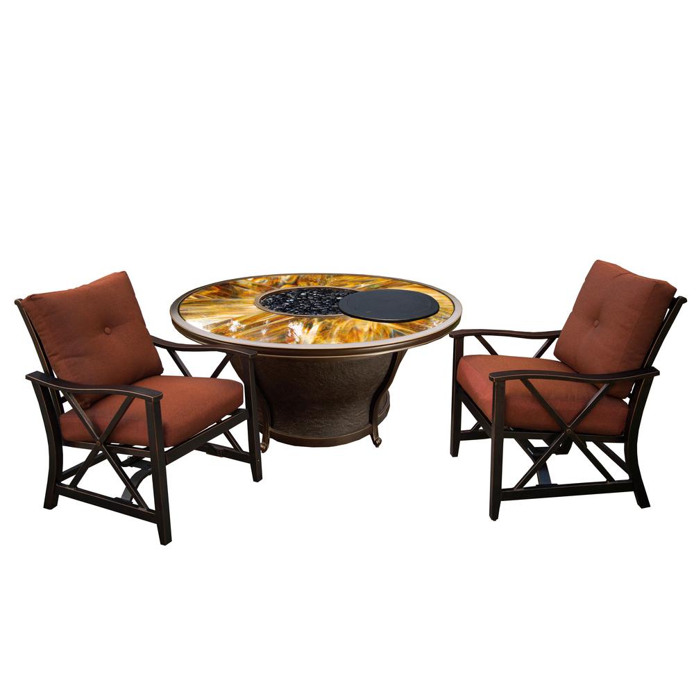 Novara 5 Piece Aluminum Patio Fire Pit Conversation Set With Red Cushions Cover Lazy Susan And Black Glass Beads