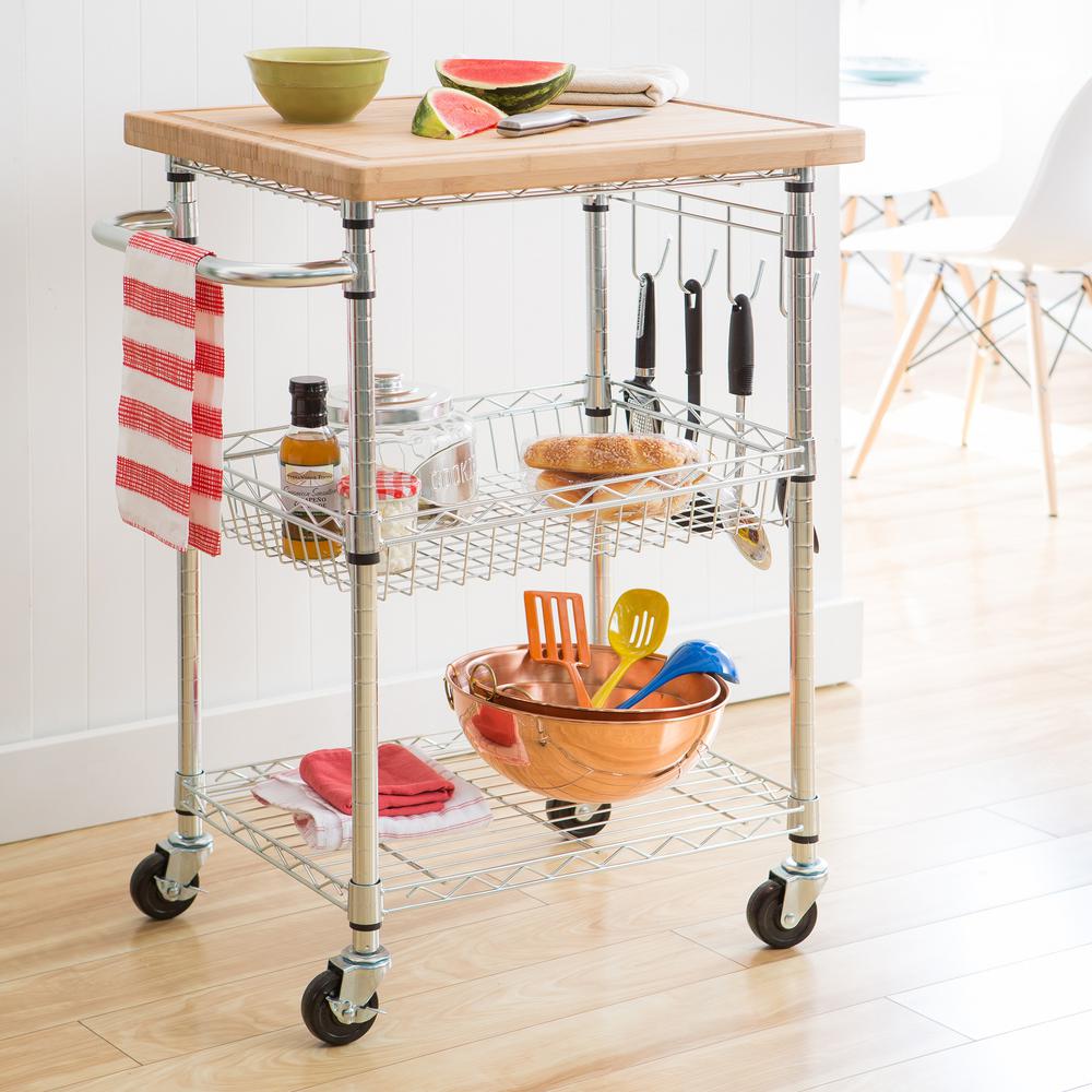TRINITY Eco Storage Chrome Kitchen Cart With Bamboo TopTBFZ1401 The