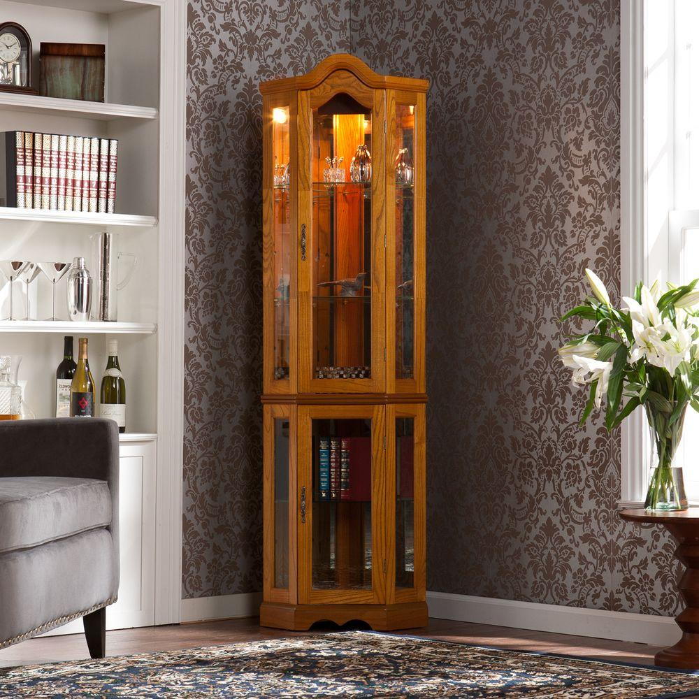 Southern Enterprises Priscilla Golden Oak Glass Door Curio Cabinet