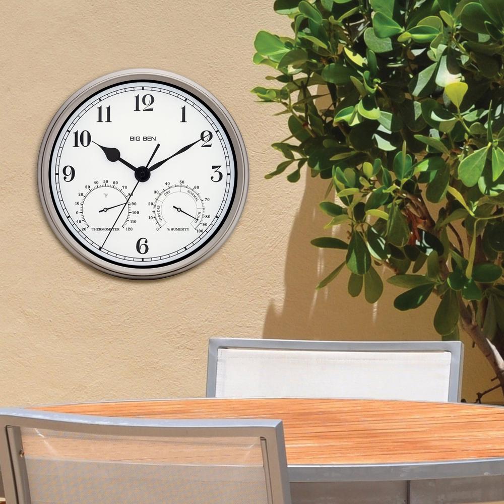 Big Ben Silver Finish 12 in. Round Metal Frame Outdoor Wall Clock49832