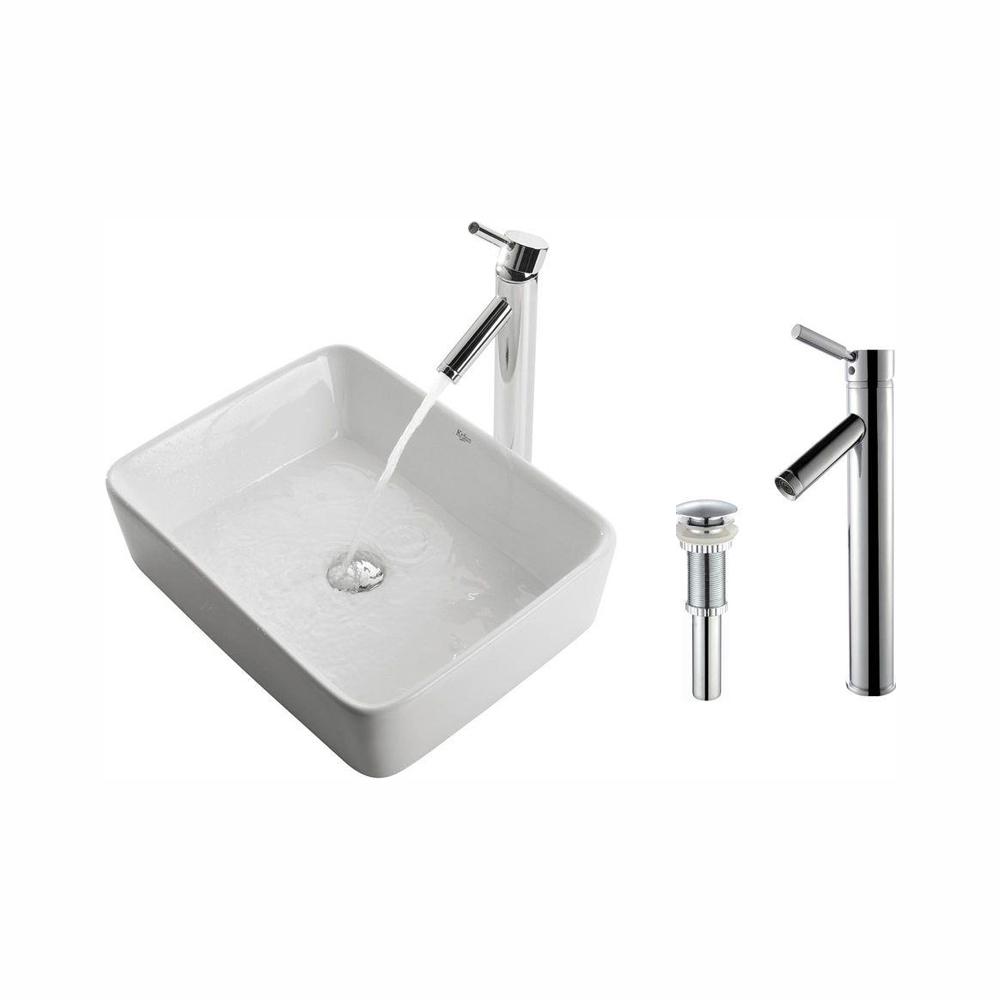 Kraus Rectangular Ceramic Vessel Sink In White With Sheven Faucet In Chrome