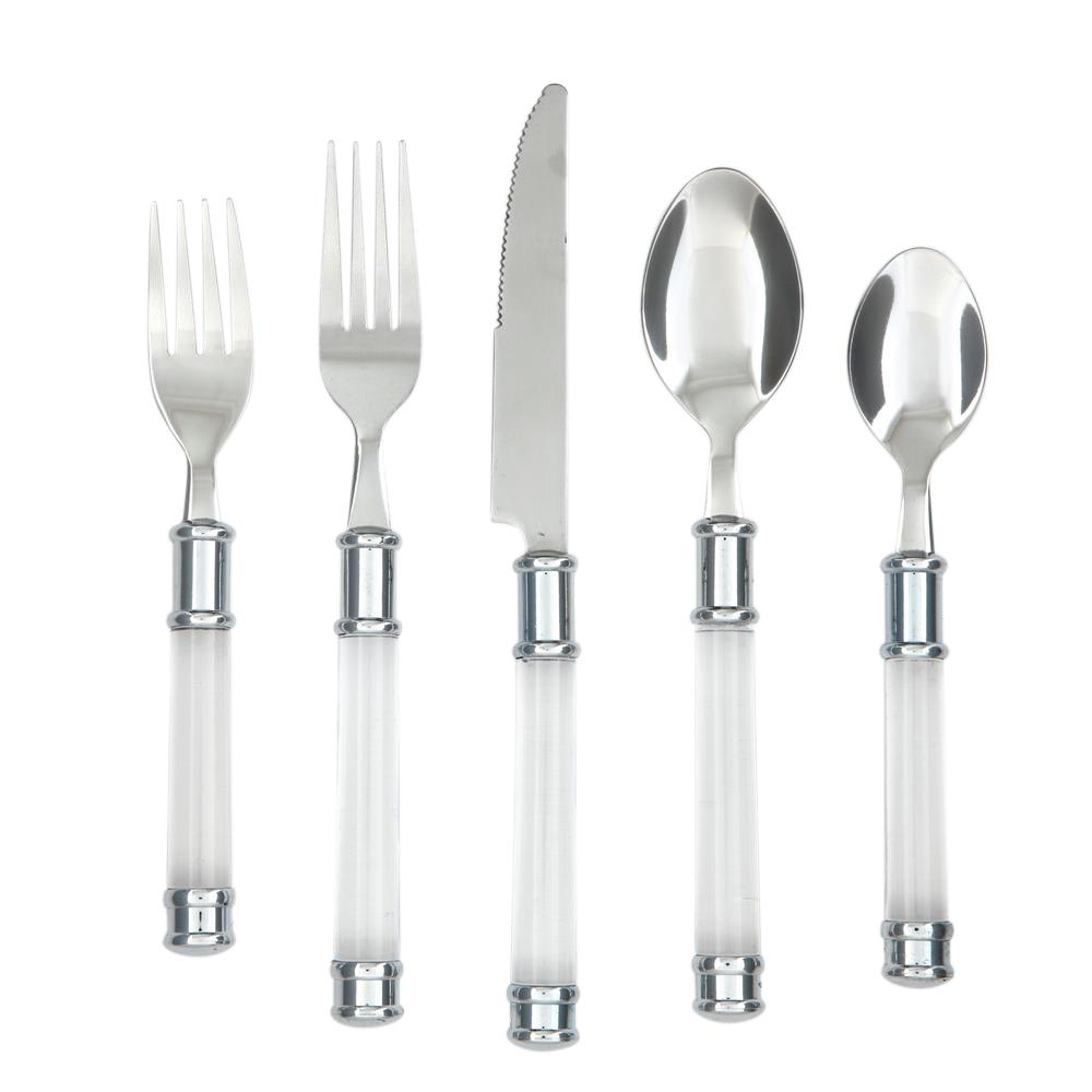 20 Pc Elegant Chrome Caps Duplex Clear Plastic Handle Flatware Set with Caddy 719978809040 eBay