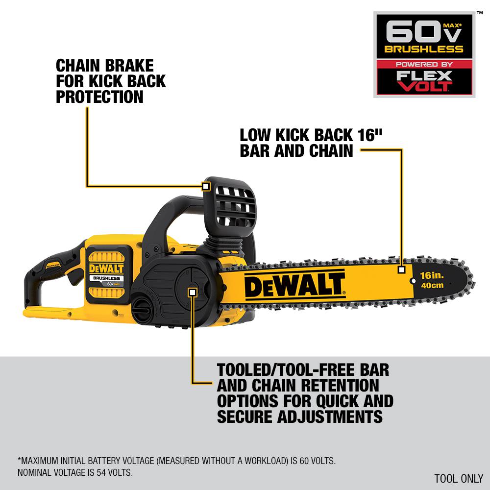 Dewalt 16 In 60v Max Lithium Ion Cordless Flexvolt Brushless Chainsaw With 1 3 0ah Battery And Charger Included Dccs670x1 The Home Depot