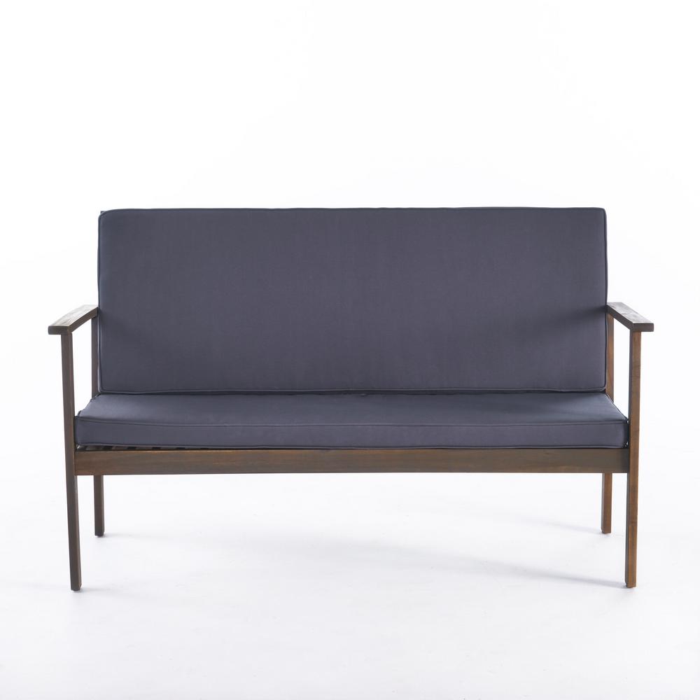 Noble House Luciano Grey Wood Outdoor Bench With Dark Grey Cushion