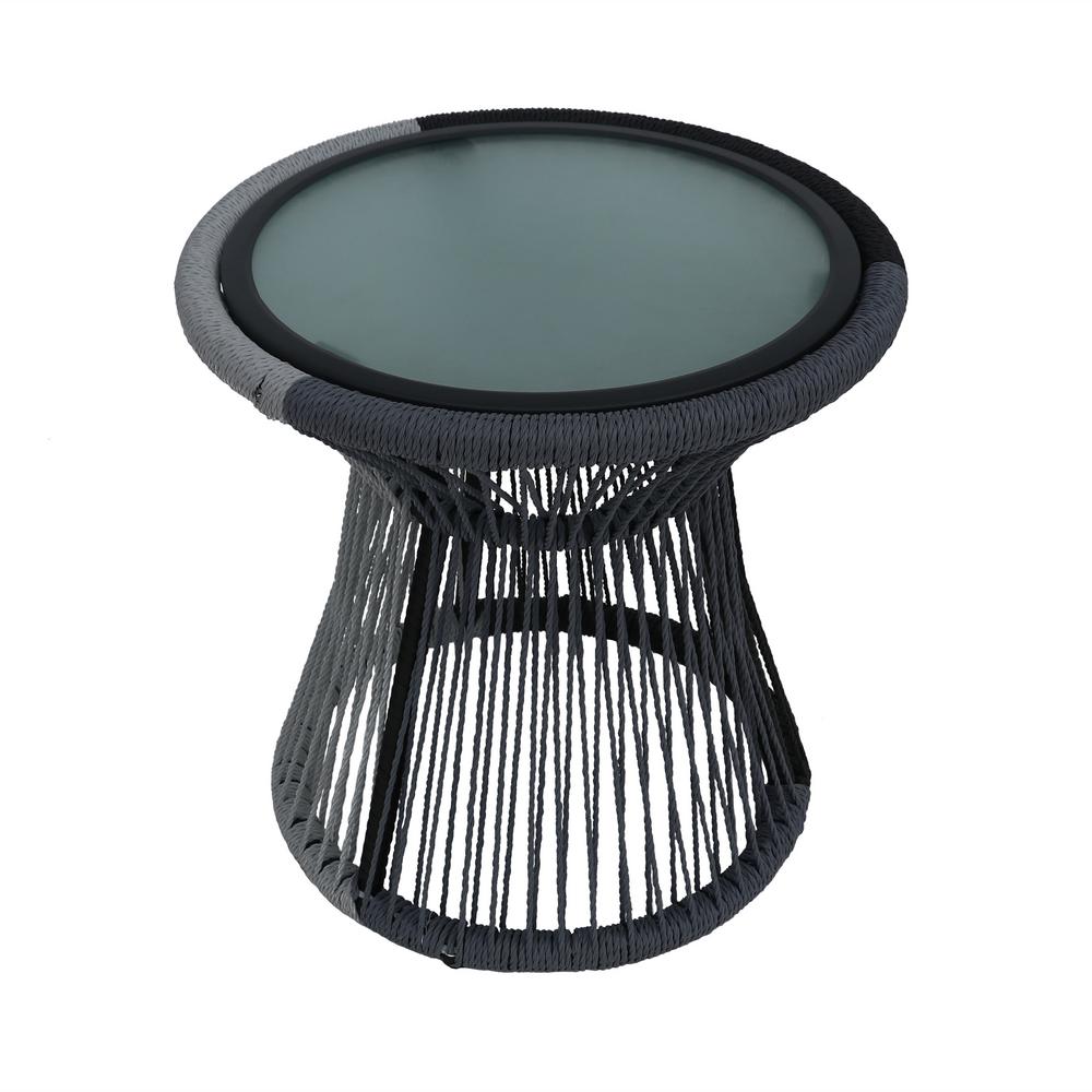 Noble House Idaho Gray And White Round Rope Woven Metal Outdoor Side Table With Tempered Glass Top