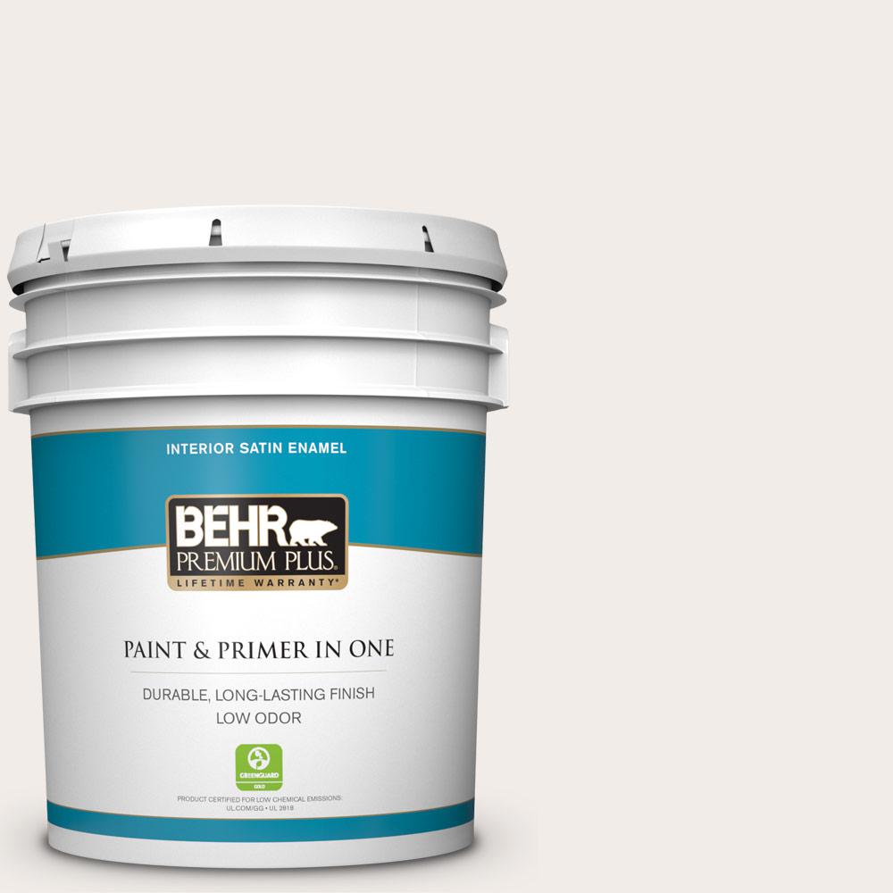 BEHR PREMIUM PLUS 5 gal. #RD-W10 New House White Satin Enamel Low Odor Interior Paint and Primer in One For Sale