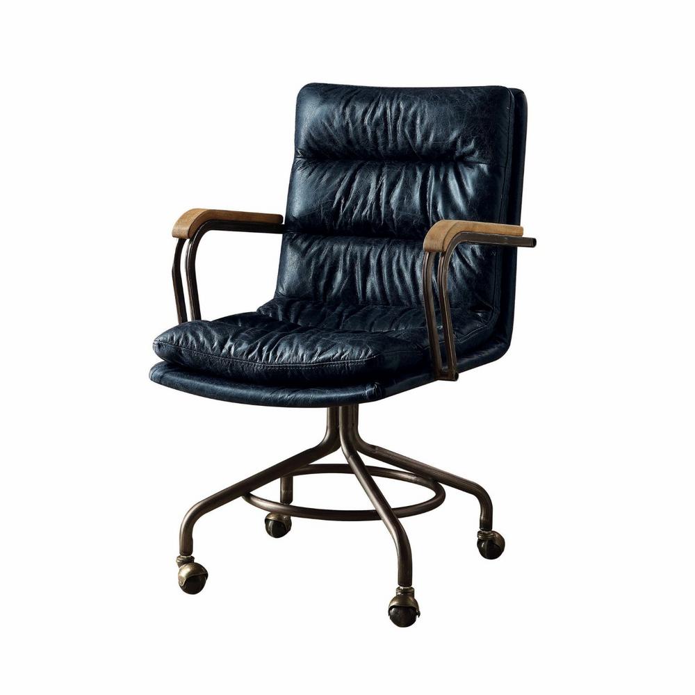 Homeroots Amelia Vintage Blue Top Grain Leather Office Chair