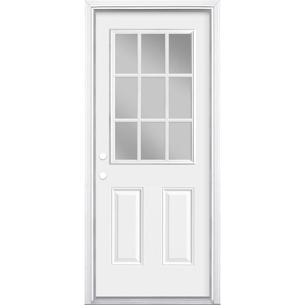 Masonite 32 In X 80 In Premium 9 Lite Primed White Right Hand Inswing Steel Prehung Front Exterior Door With Brickmold