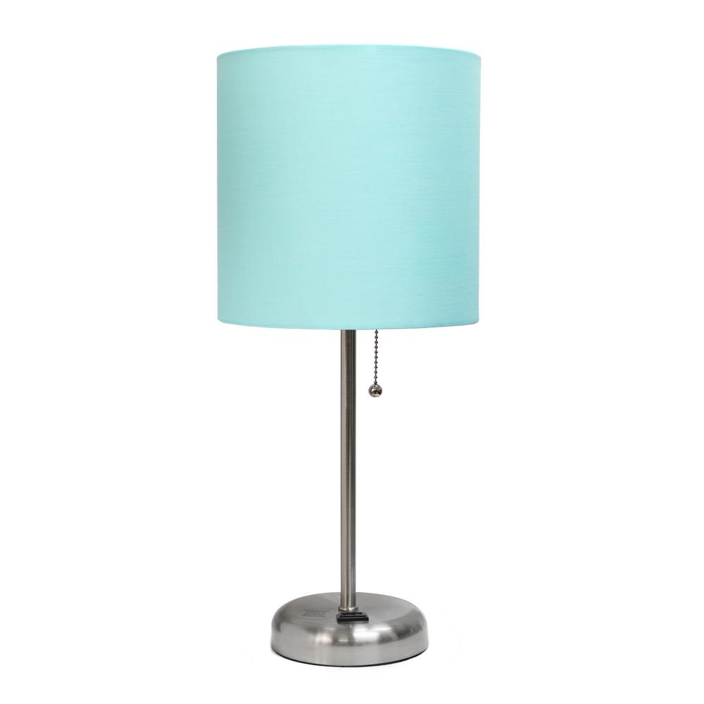 Limelights LC2001-AOW-2PK White Stick Charging Outlet and Aqua Fabric Shade 2 Pack Table Lamp Set,