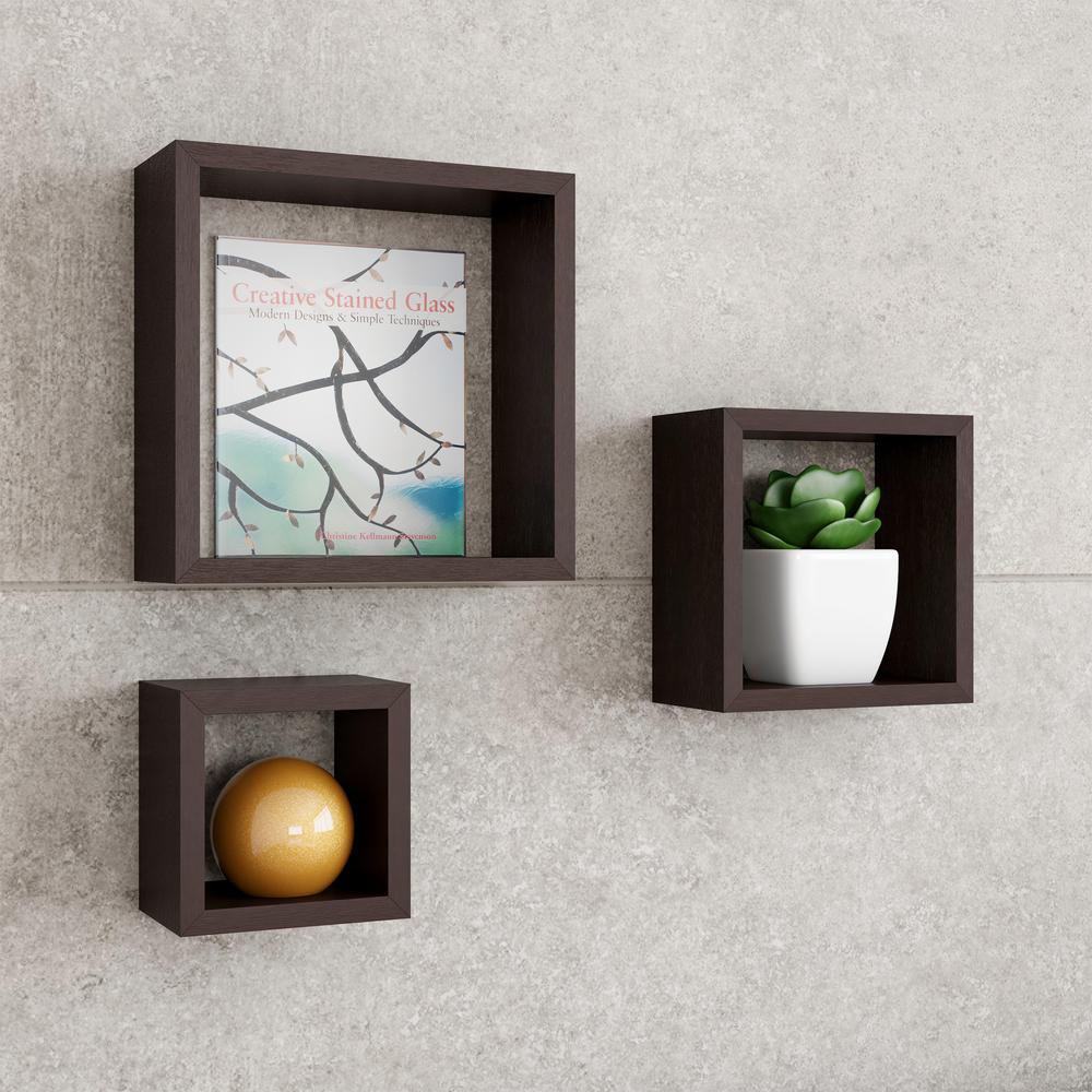 Lavish Home Decorative Floating Cube Wall Shelves In Dark Brown Set Of 3 Hw0200090 The Home Depot