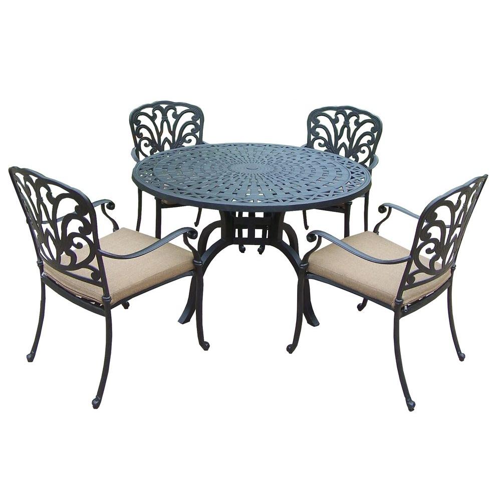 Oakland Living Cast Aluminum 5 Piece Round Patio Dining Set With Spunpoly Beige Cushions