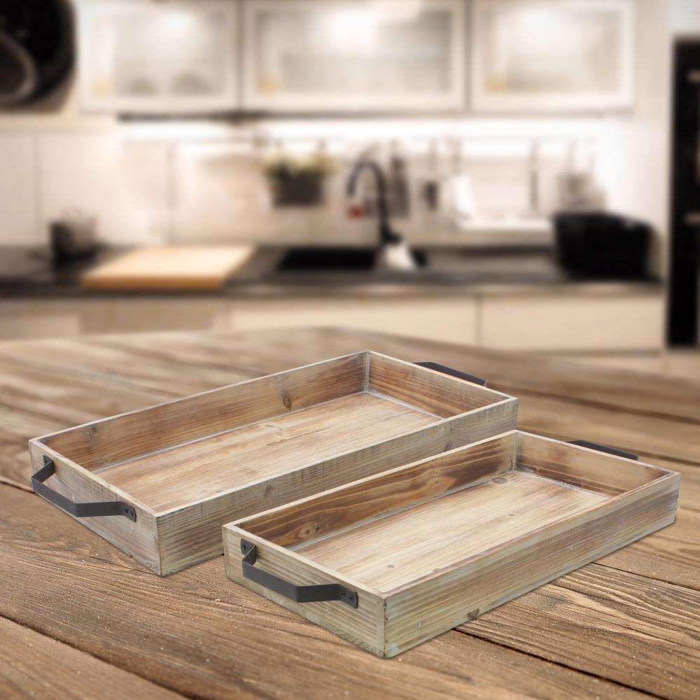 Stonebriar Collection Brown Wood Serving Tray Set With Metal