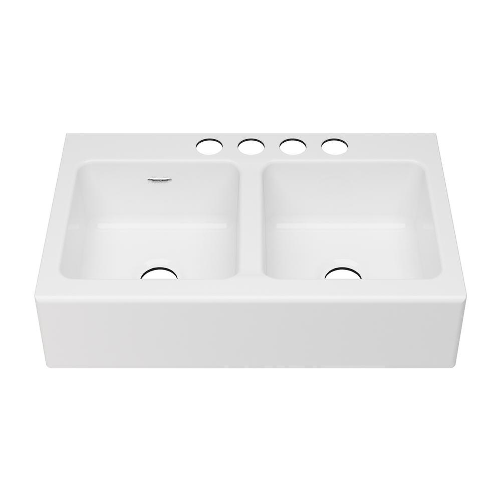 American Standard Delancey Apron Front Cast Iron 36 In 4 Hole Double Bowl Kitchen Sink In Brilliant White