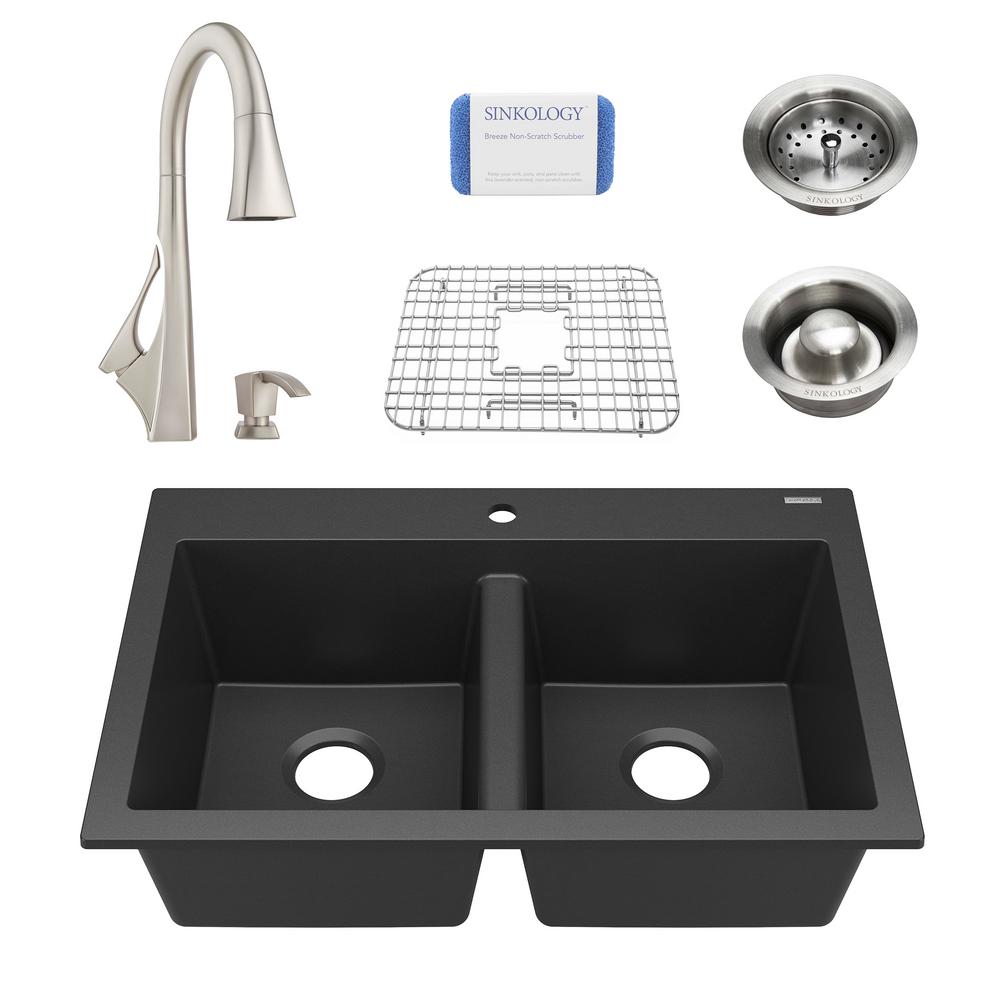 Sinkology Whitney All In One Drop Granite Composite 33 Double Bowl Kitchen Sink With Faucet And Drains Matte Black