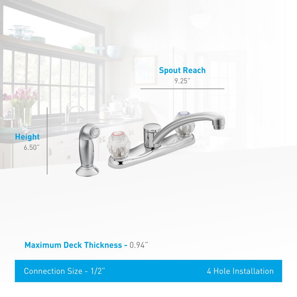 Moen Cau 2 Handle Low Arc Standard Kitchen Faucet With Side Sprayer On Deck And Duralock Installation In Chrome