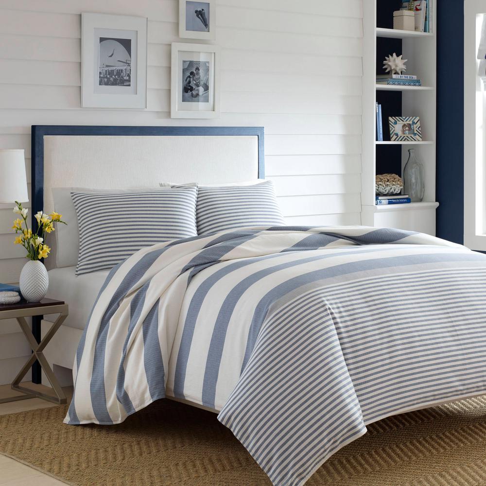 Nautica Fairwater 3 Piece Blue Striped Cotton Full Queen Comforter