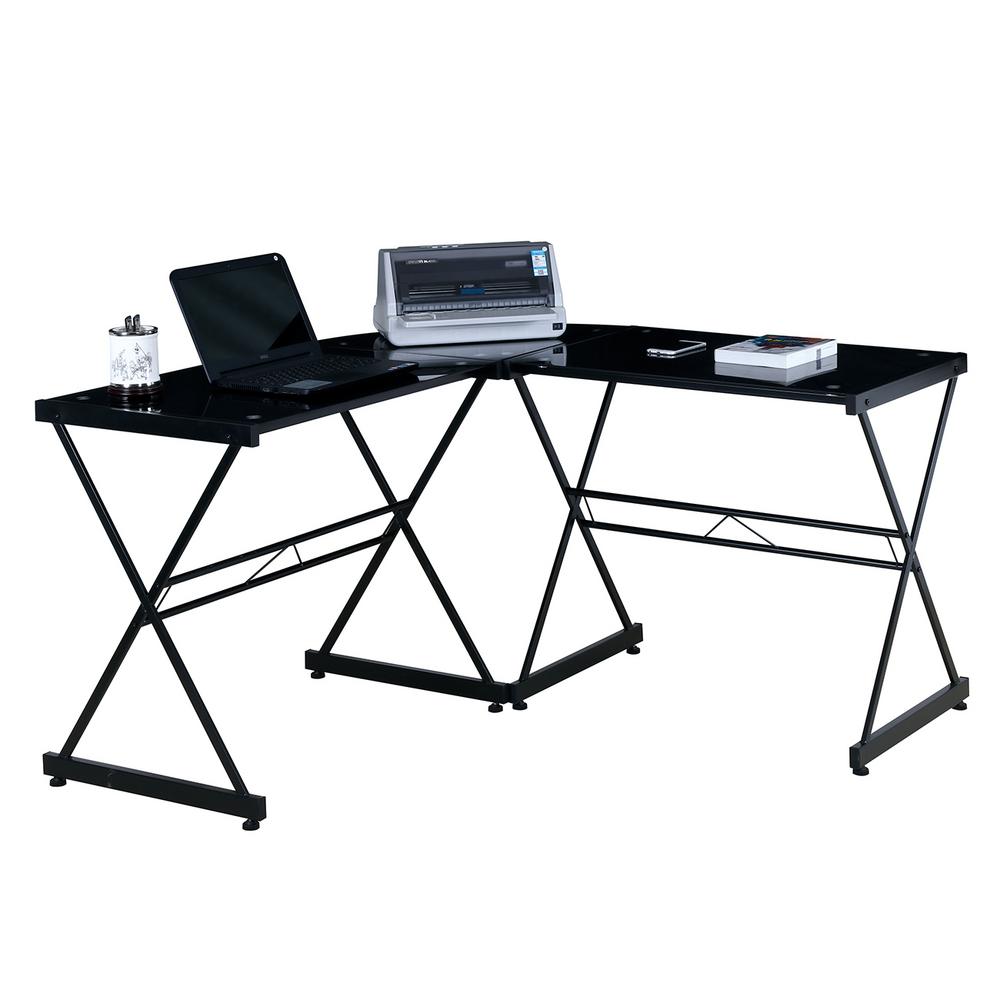 Techni Mobili Black Glass L Shaped Computer Desk Rta 3805l Bk