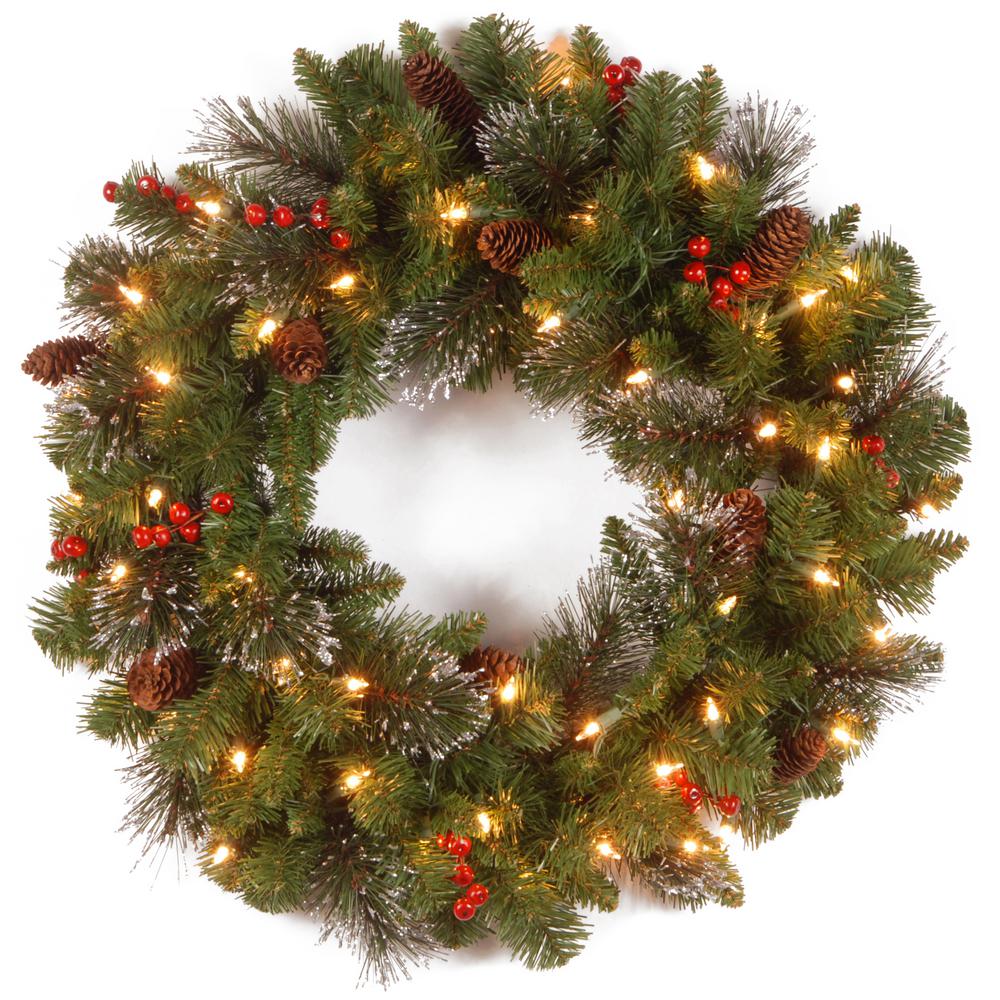 Battery Powered|Timing Setting Leaflai 24 Inch Christmas Wreaths for Front Door with red Berries Snowflakes Pine Cones and 50 Warm White LED Lights Outdoor Lighted Christmas Decorative Wreath